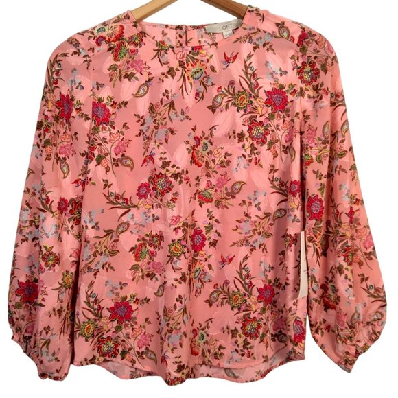 Loft Blouse Shirt XXS Petite Pink Floral Long Balloon Sleeve Semi Sheer Textured - Picture 1 of 11
